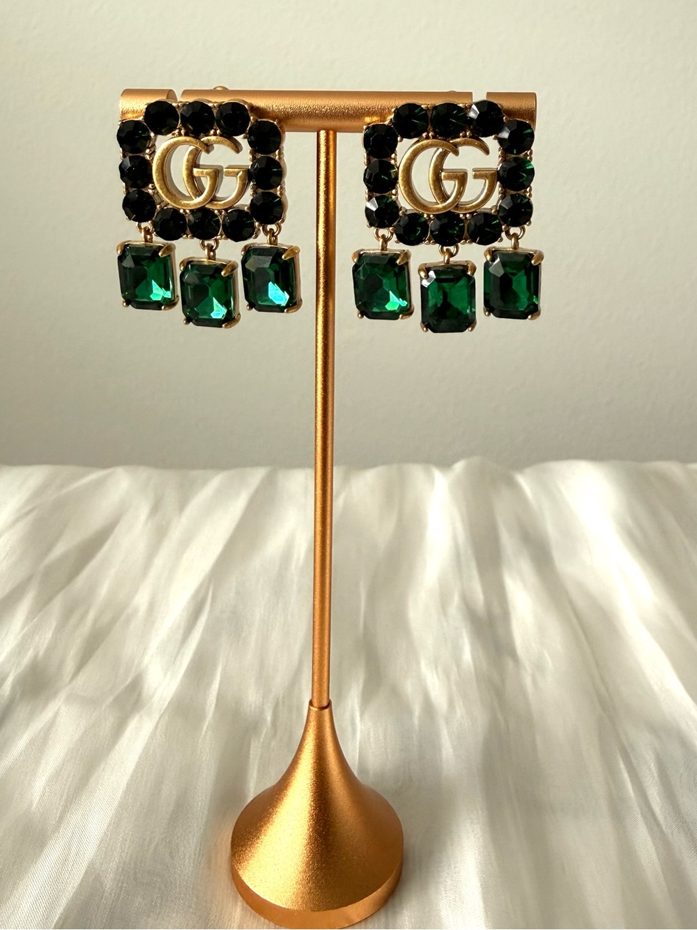 Gucci Gold-Tone GG Earrings with Deep Green Crystals